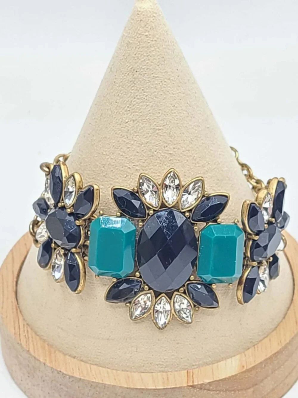 J Crew Teal Black Resin Clear Crystal Gold Tone Bracelet